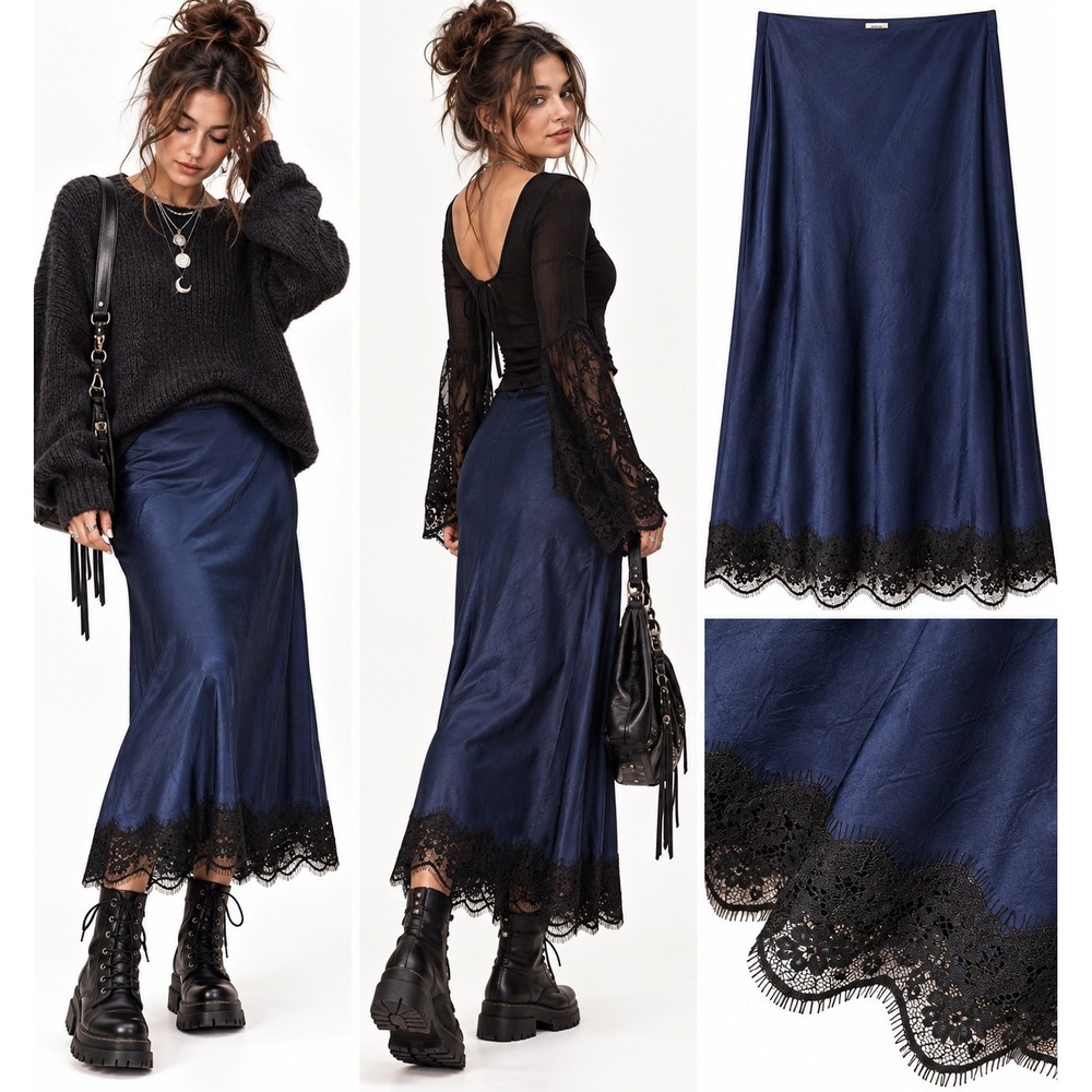 Navy Blue Lace Trim Midi Skirt XL Crinkle Texture Slip Skirt Whimsy Grunge Goth